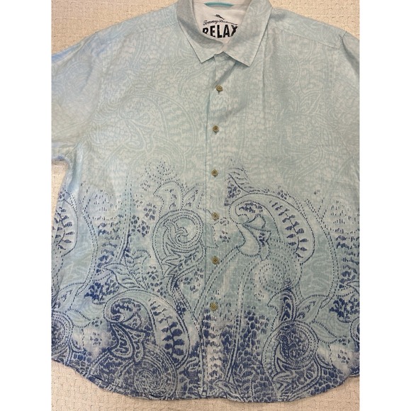 Tommy Bahama 100% Linen Relax Men's L Blue Paisley Short Sleeve Shirt - Picture 2 of 13